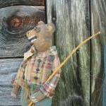 Primitive Folk Art Bear With Fishing Pole -..