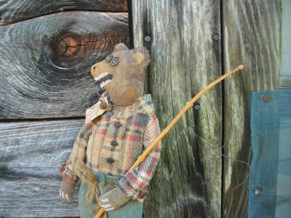 Primitive Folk Art Bear With Fishing Pole - Country, Lodge Or