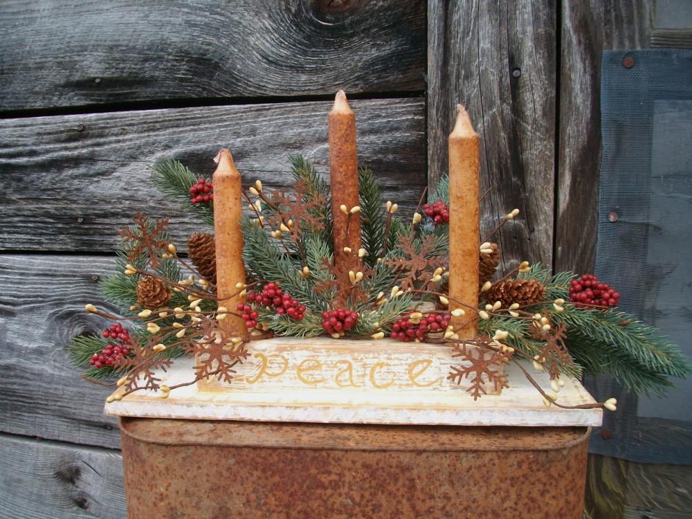 Wooden Candle Holder - Hand Cut From Pine - Distressed Antique White Over Mustard Yellow - Vanilla Sugar Candles