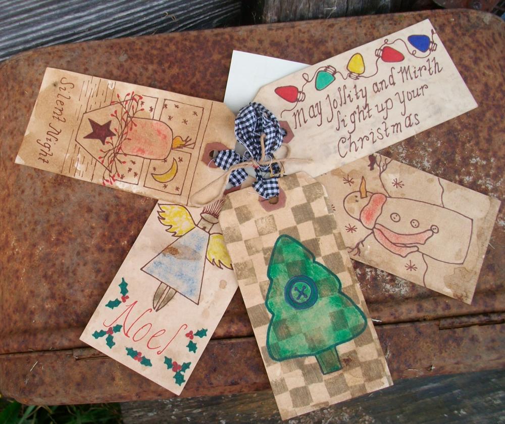 Primitive Christmas Gift Tags - Stained And Grubby - Use For Gifts, Tree Decorations Or Craft Projects