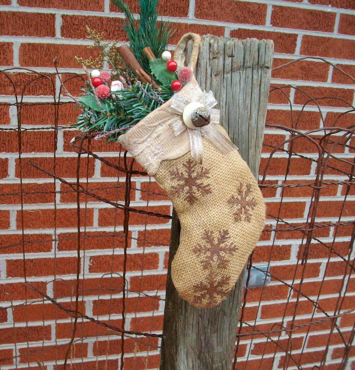 Rustic Christmas Stocking - Vintage Fabric, Preserved Greenery, Artificial Berries - Rusty Bell And Snowflakes